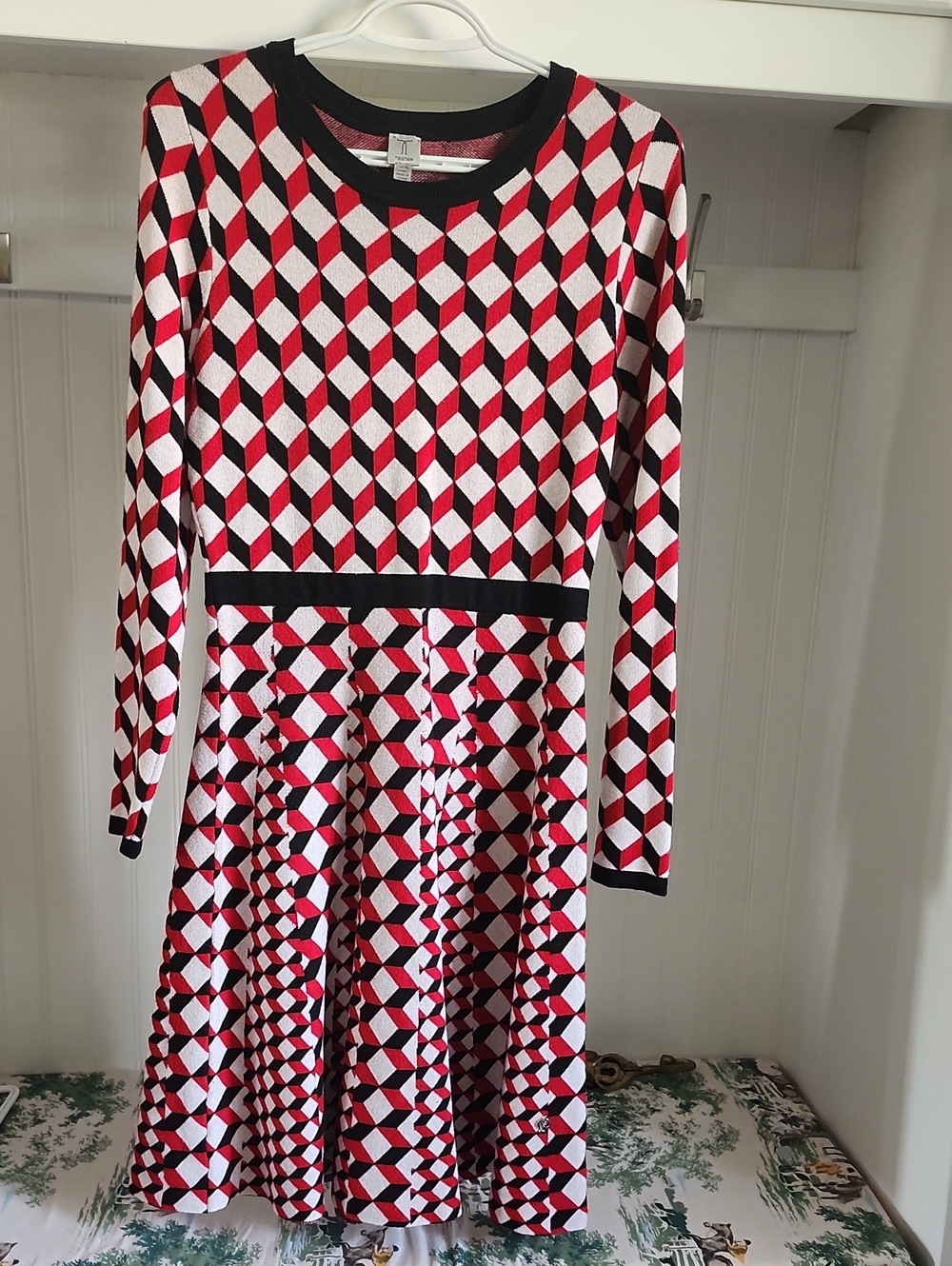 Tristan Red, Black & White Geometric Long Sleeve Fit-and-Flare Dress